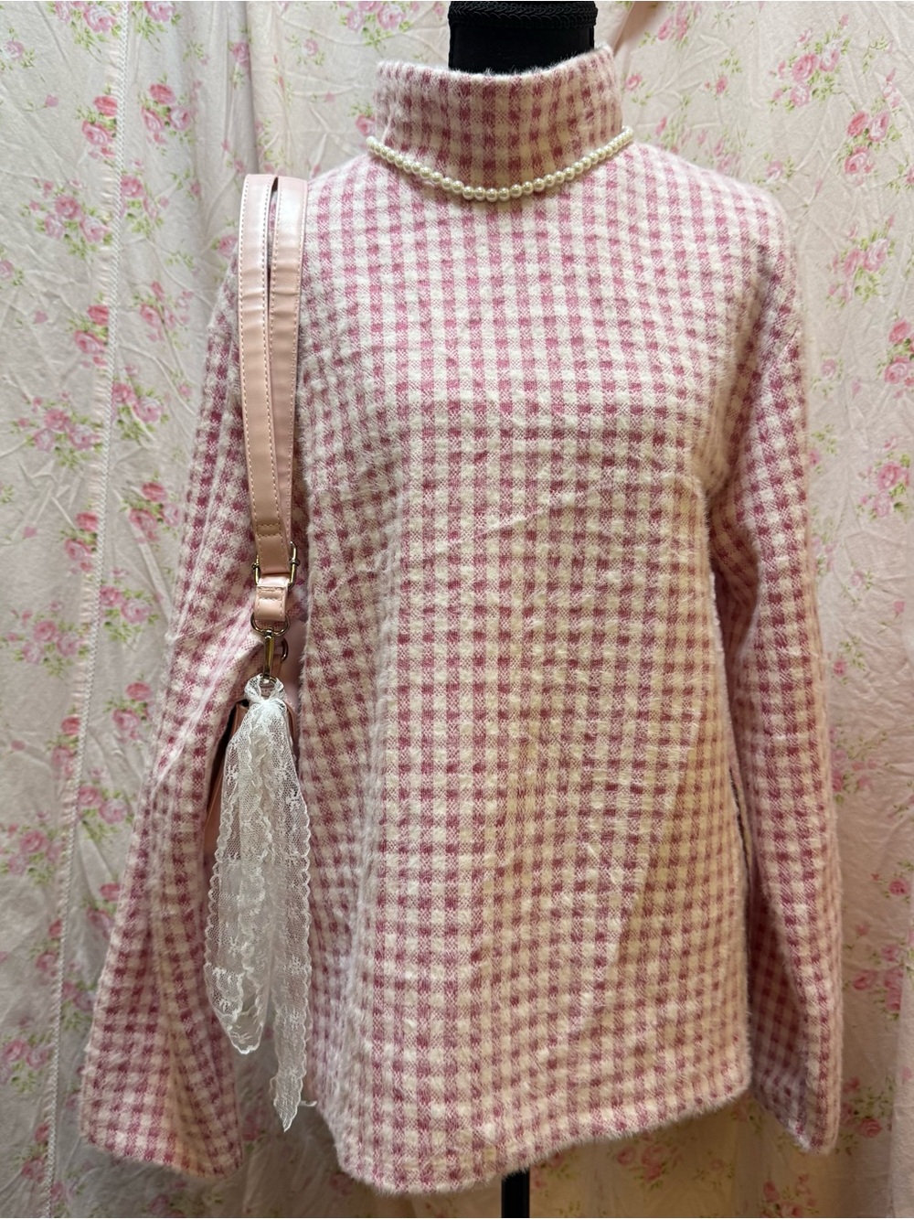 Zara Pink and White Gingham Knit Turtleneck